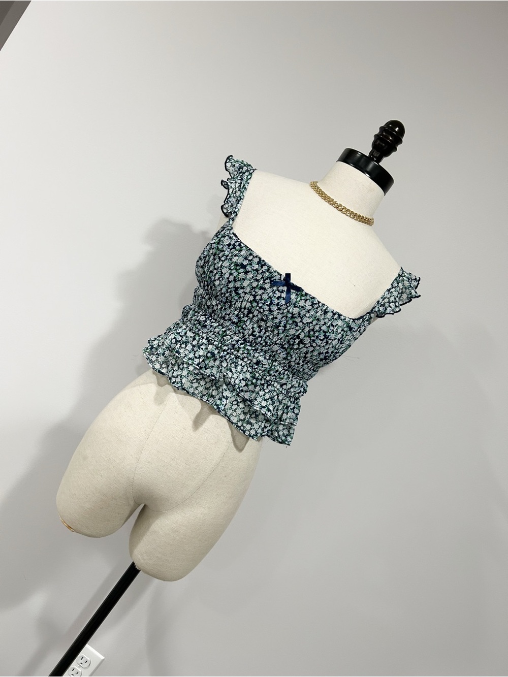 No Boundaries Navy & Green Floral Smocked Crop Cami